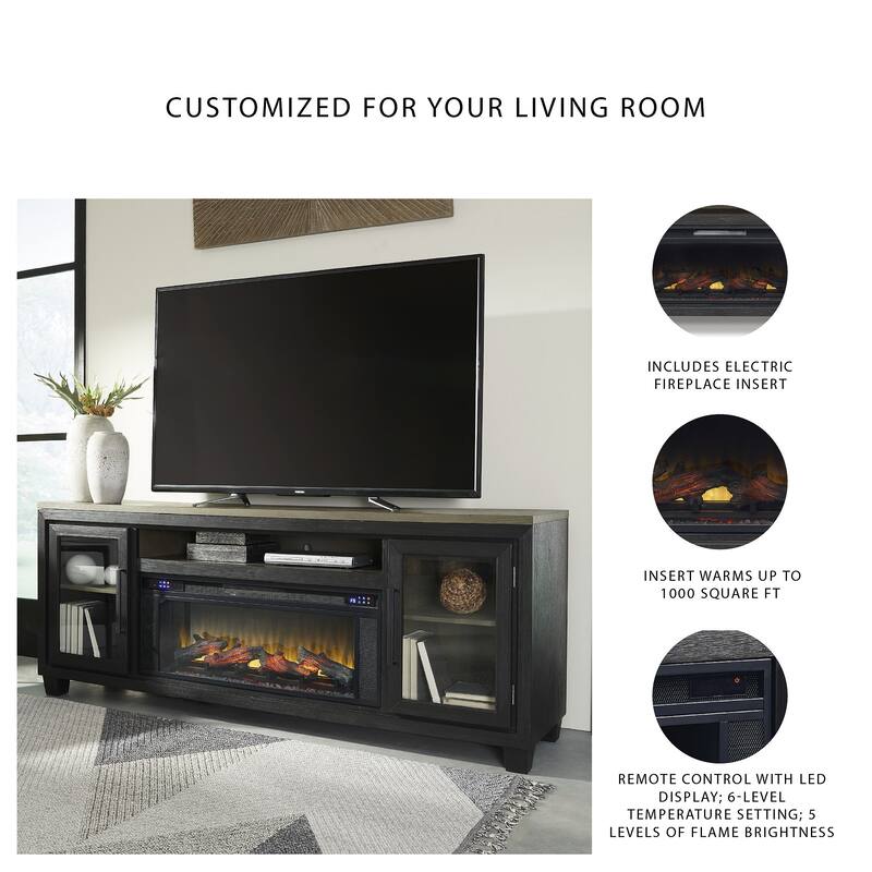 Signature Design by Ashley Foyland Black/Brown 83" TV Stand for TVs up to 95" with Electric Fireplace - 83"W x 20"D x 33"H