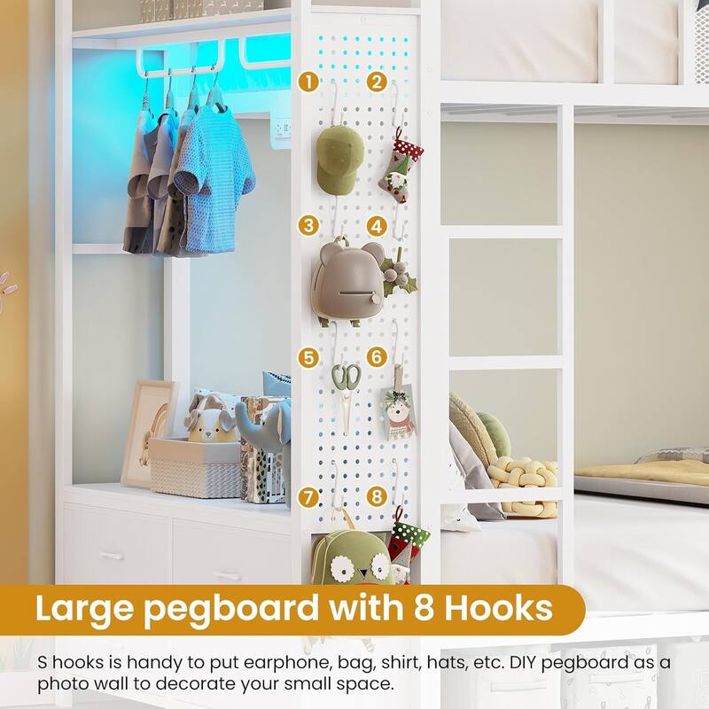 Metal Bunk Bed Twin Over Twin with Hall Tree 4 Storage Drawers