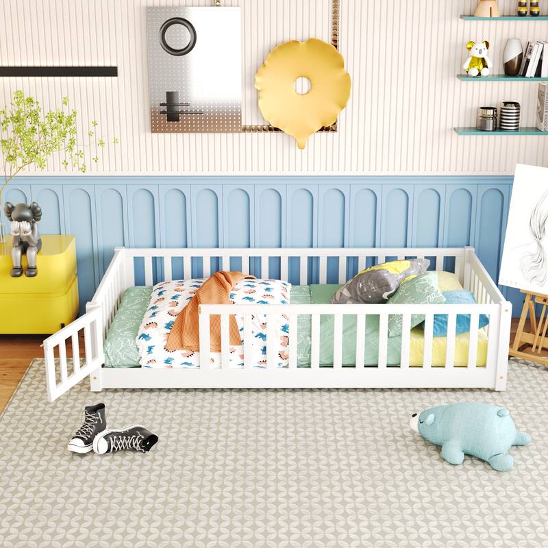 Twin size Floor Platform Bed with Fence and Door for kids, toddlers