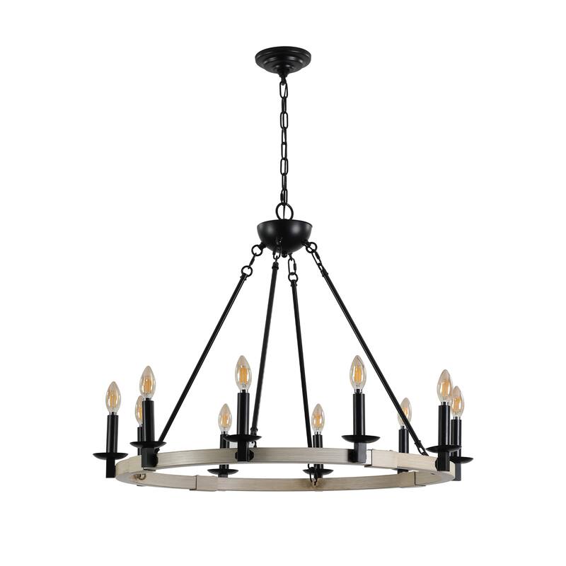 Farmhouse 10-Light Candle Chandelier, Black Metal and Wood Round Hanging Light, Adjustable Height, for Dining Room or Kitchen