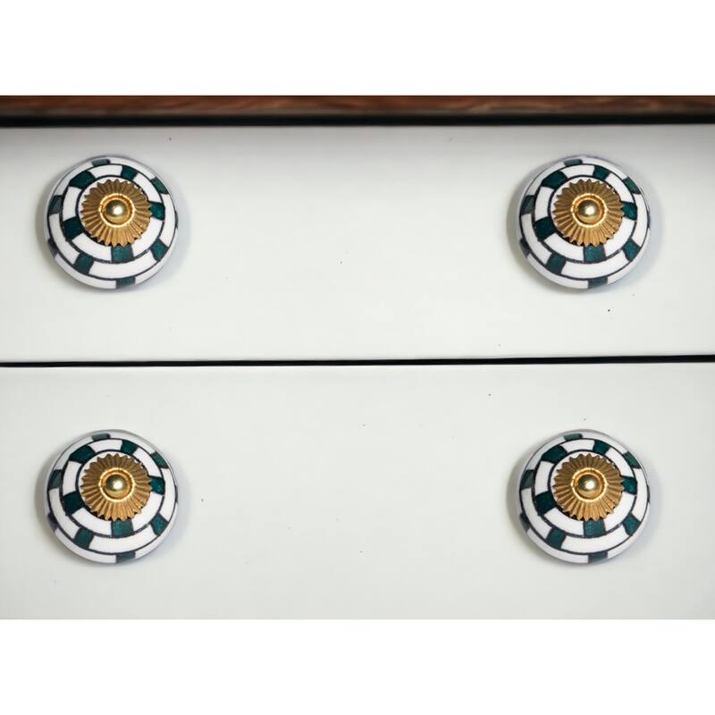 Green and White Ceramic Geometric Drawer Knobs Set of 8 Hand-Painted - 1.5” x 1.5” x 1.5” (D x W x H)