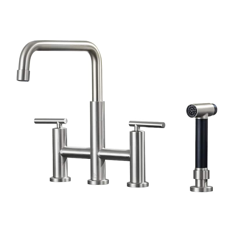 Double Handle Bridge Kitchen Faucet with Pull-Out Side Sprayer
