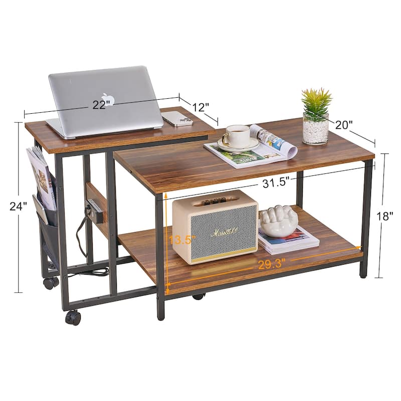 VECELO Coffee Table Set of 2 Coffee Tables and Side Table Set with Charging Station C Shaped End Table with Wheels