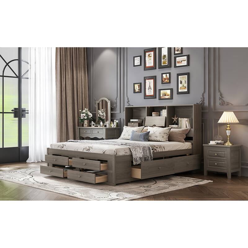 Roomfitters Queen/King Platform Bed with Storage Headboard and 8 Drawers, Solid Wood