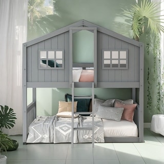 Stylish Twin Over Twin Wood House Shaped Bunk Bed With Built-in Ladder and Guardrail, Solid Construction, Gray