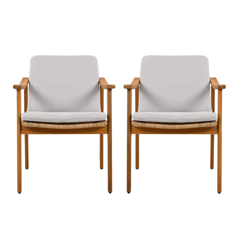 Outdoor Dining Chairs Set of 2, Teak Color Acacia Wood Frame, Brown PE Wicker, Grey Waterproof Cushion