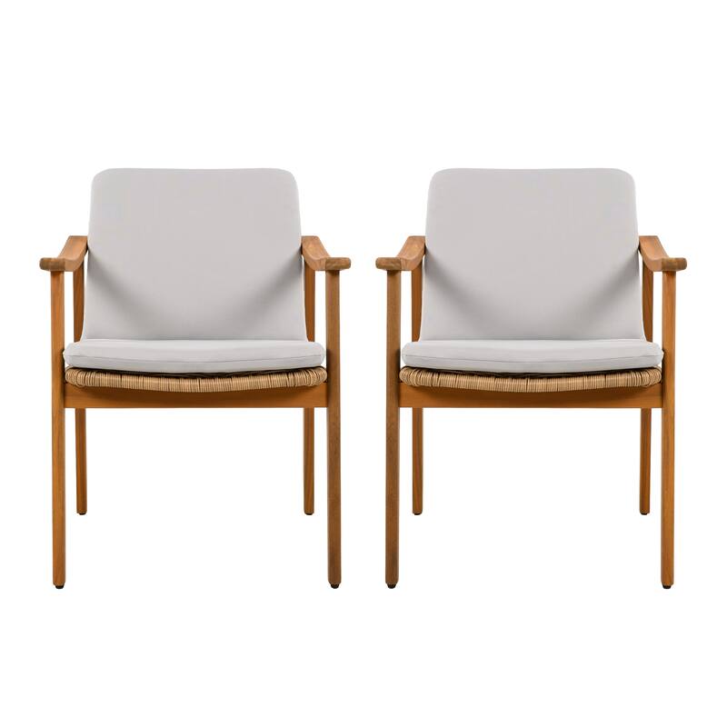 Teak Acacia Wood Outdoor Dining Chairs Set of 2 - PE Wicker & Waterproof Cushions - All-Weather Patio, Deck, Backyard Furniture