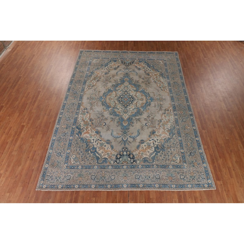 Distressed Tabriz Vintage Persian Area Rug Handmade Wool Carpet - 9'3" x 12'10"