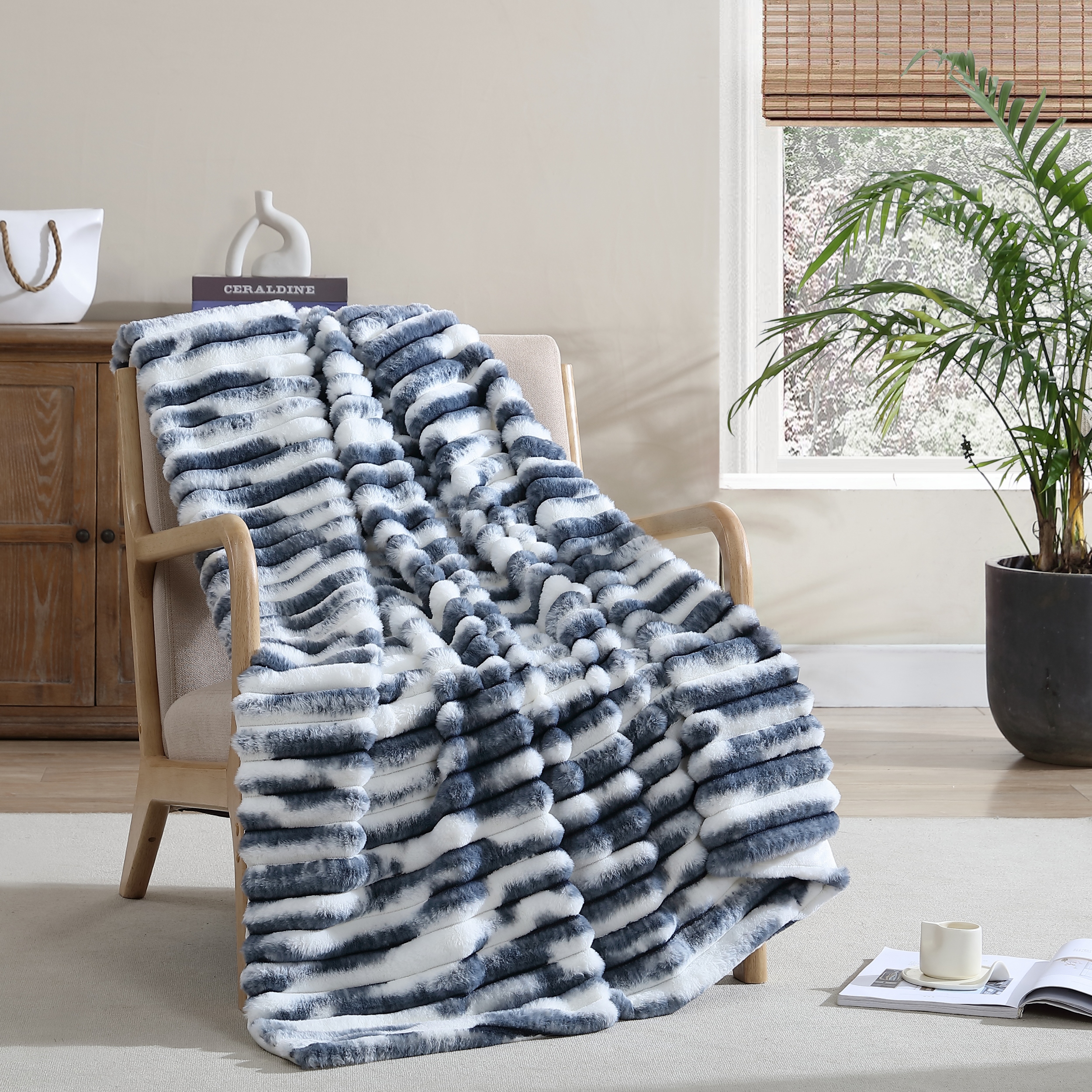 French Connection Ribbed 50 x 60 Synthetic Fur Throw Blue