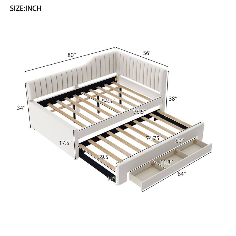 Full Size Linen Daybed with Trundle and 3 Storage Drawers and Multi-Functional Upholstered Bed (400lbs Capacity)