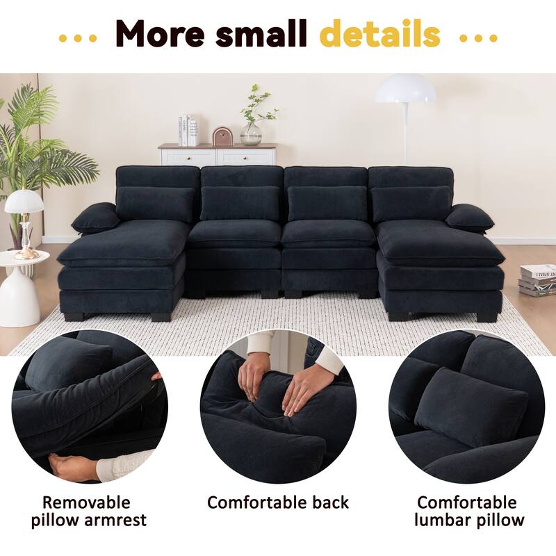U Shape 111.8"Modern Comfort Combination Sectional Sofa,4-seat Velvet Fabric Upholstered Sofas with Chaise Lounge & Pillows
