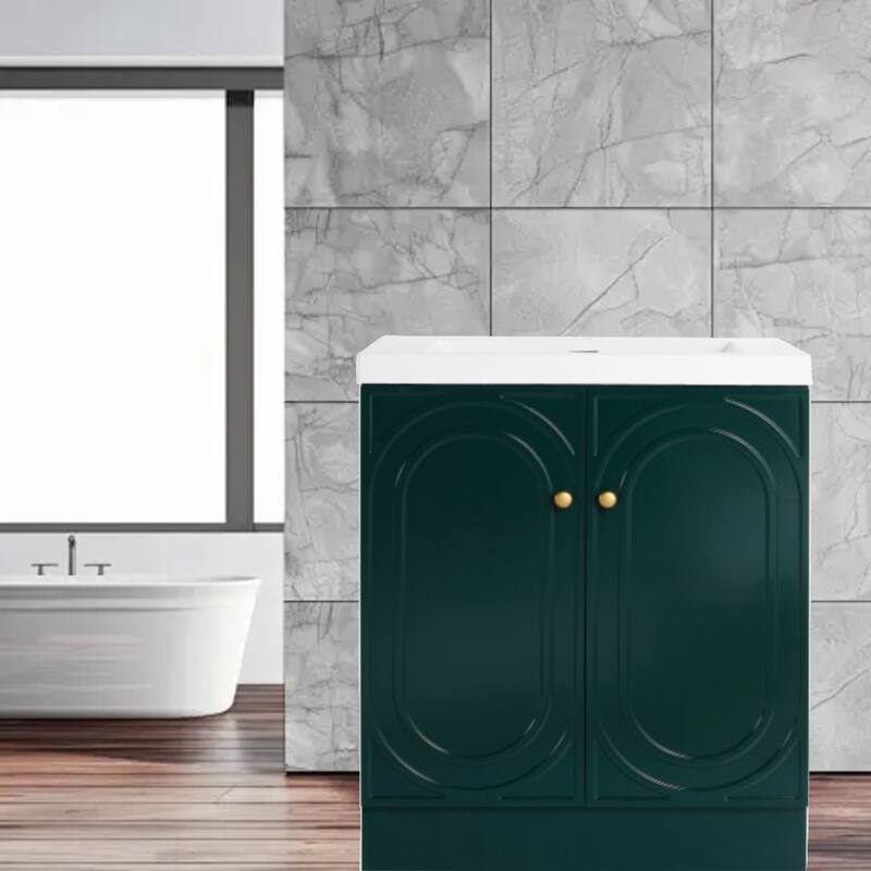 Modern 30" Bathroom Vanity with White Resin Sink, Soft-Close Doors & Customizable Metal Handles - Light Dark Green