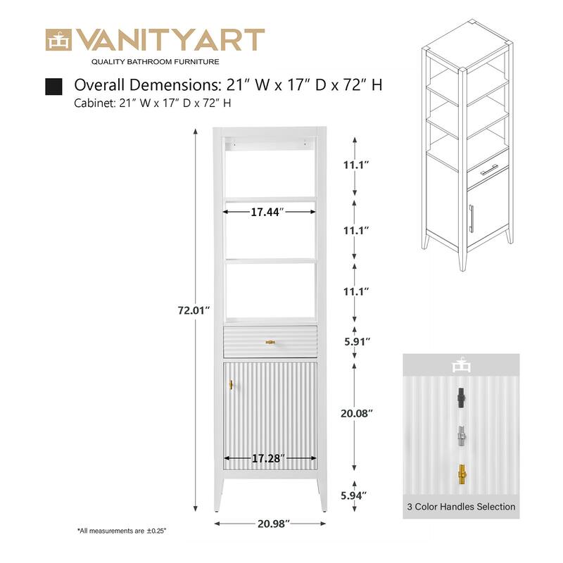 Vanity Art 72" Tall Tower Bathroom Linen Cabinet with Soft Close Door and Drawer