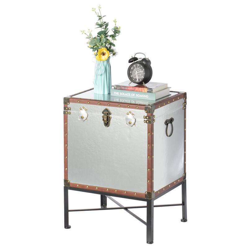 Trimmed Faux Leather Lockable Square Lined Storage Trunk, End Table on Metal Stand - Silver