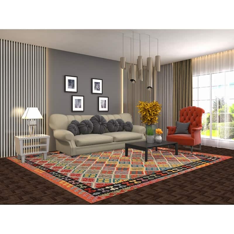 All-Over Trellis Geometric Kilim Area Rug Hand-Woven Wool Carpet - 8'4" x 9'8"