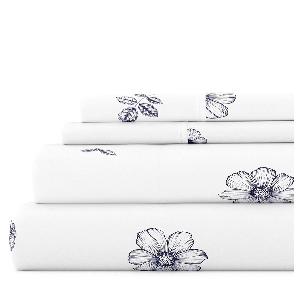 Becky Cameron Indigo Flowers Pattern 4 Piece Deep Pocket Bed Sheet Set