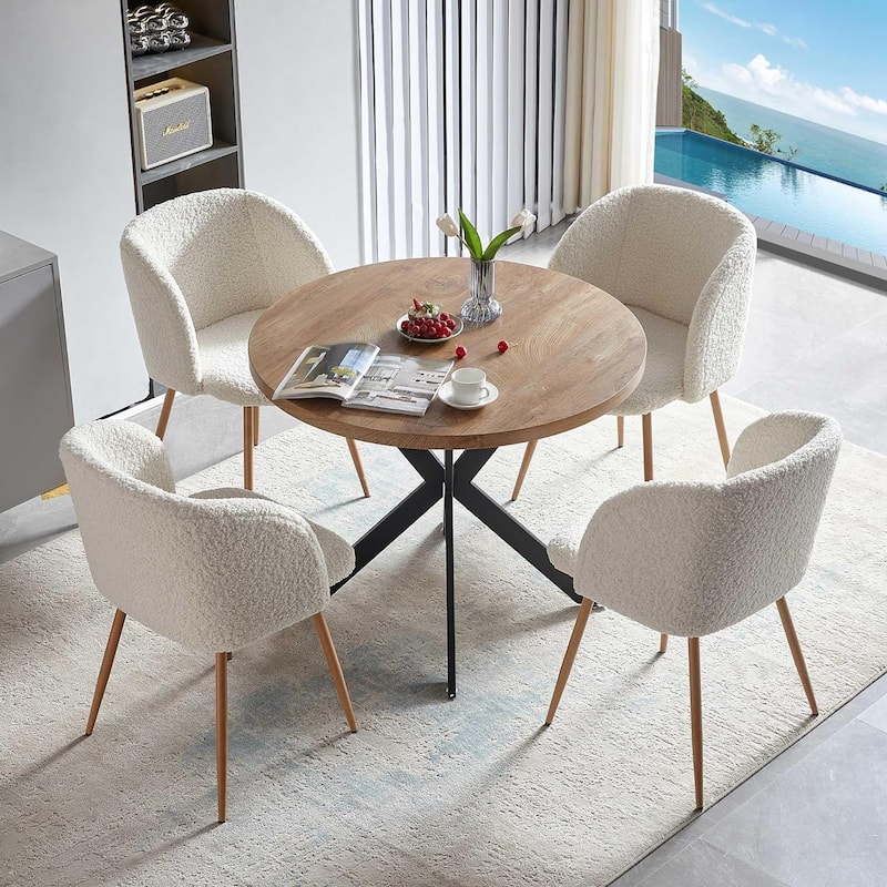 Howtai Round Dining Table Set with Fluffy Sherpa Arm Chairs Space Saving