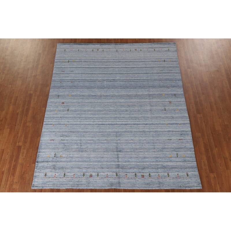 Striped Blue Gabbeh Oriental Area Rug Handmade Wool Carpet - 7'9"x 9'7"