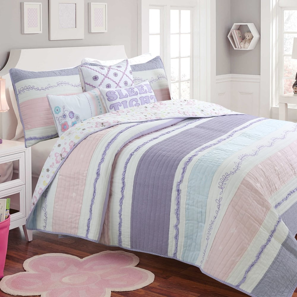 Cozy Line Home Fashions Stripped Floral Vine Star Butterfly Ruffle Embroidered Pink Purple Cotton Quilt Bedding Set