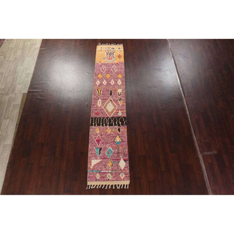 Tribal Geometric Moroccan Oriental Wool Runner Rug Hand-knotted Carpet - 2'6" x 12'7"