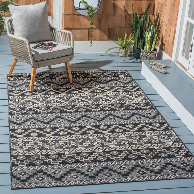SAFAVIEH Veranda Rudy Indoor/ Outdoor Waterproof Patio Backyard Rug - 2'7" x 5' - Black/Beige