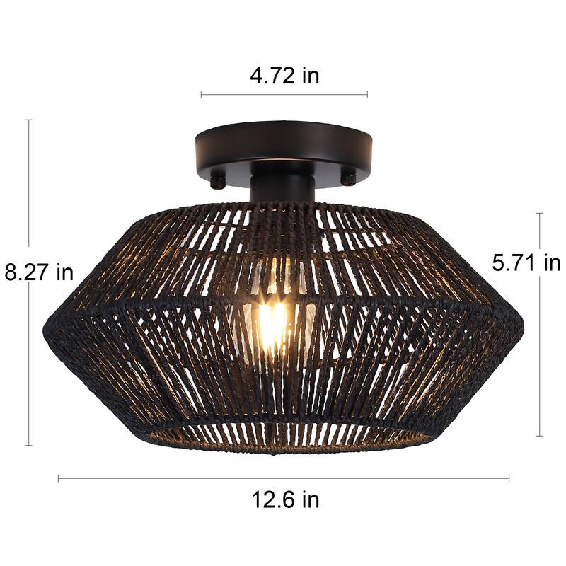 1-Light Farmhouse Style Classic Semi Flush Mount Chandelier, Hand-Woven Semi-Flush Mount Ceiling Light with Drum Shade