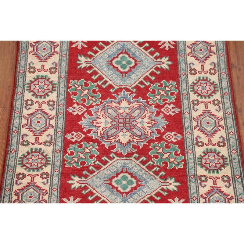 Geometric Red Kazak Accent Rug Hand-Knotted Bedroom Wool Carpet - 2'9" x 3'10"