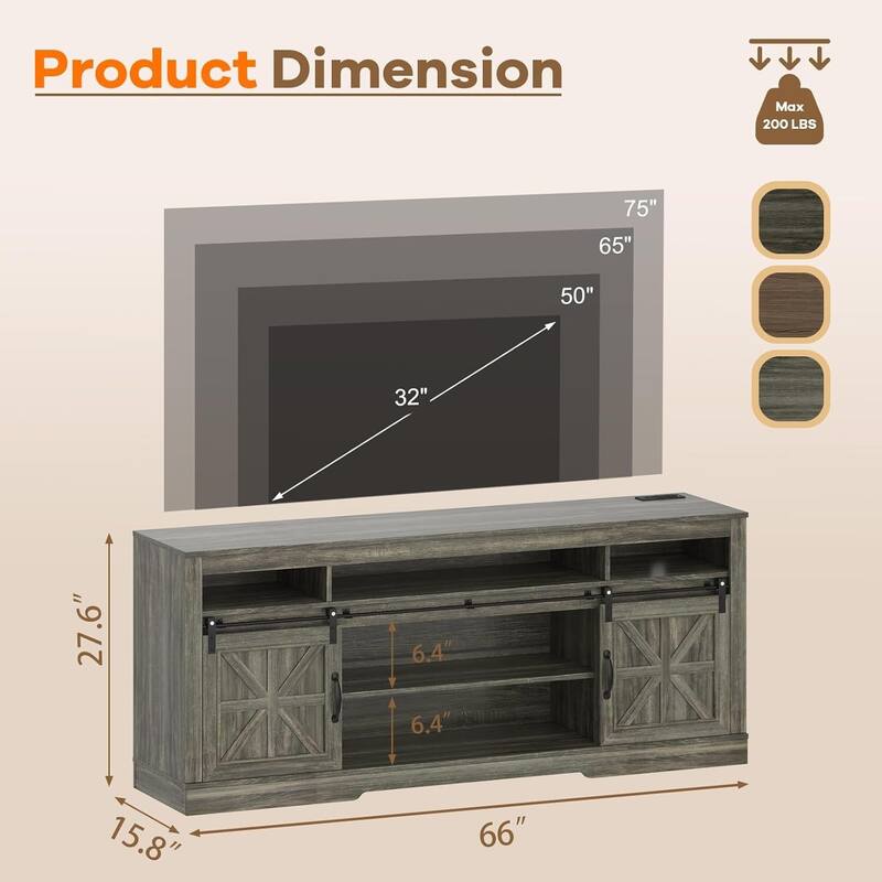 66" Farmhouse TV Stands, Entertainment Center with Open Storage, Power Outlets - N/A