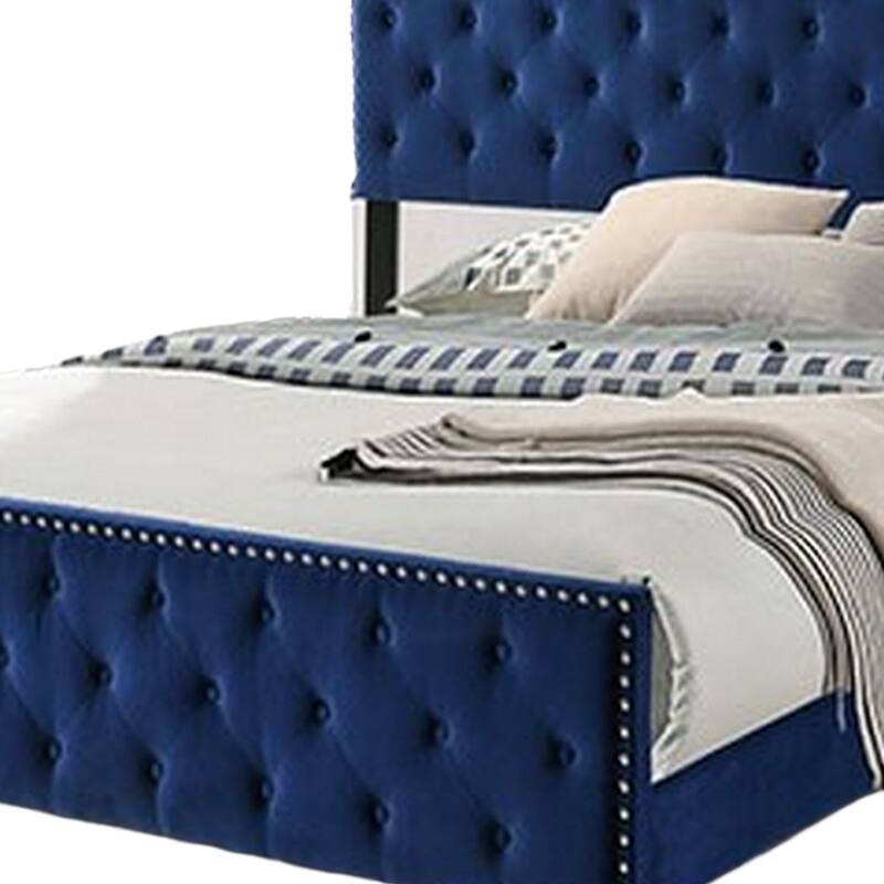 Agapi California King Bed, Button Tufted, Nailhead Trim, Navy Upholstery
