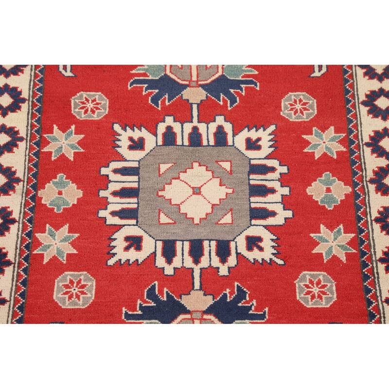 Geometric Red Kazak Oriental Accent Rug Hand-Knotted Wool Carpet - 3'5" x 4'11"