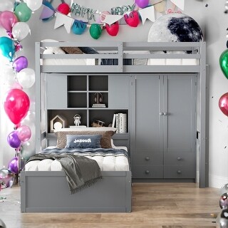 Hydraulic Lift Twin Bunk Bed with Wardrobe & Drawers,Kids Bed Design