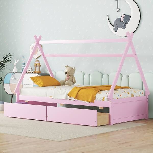 slide 2 of 14, Pink Twin Size Wood House Platform Bed with Two Drawers Pink