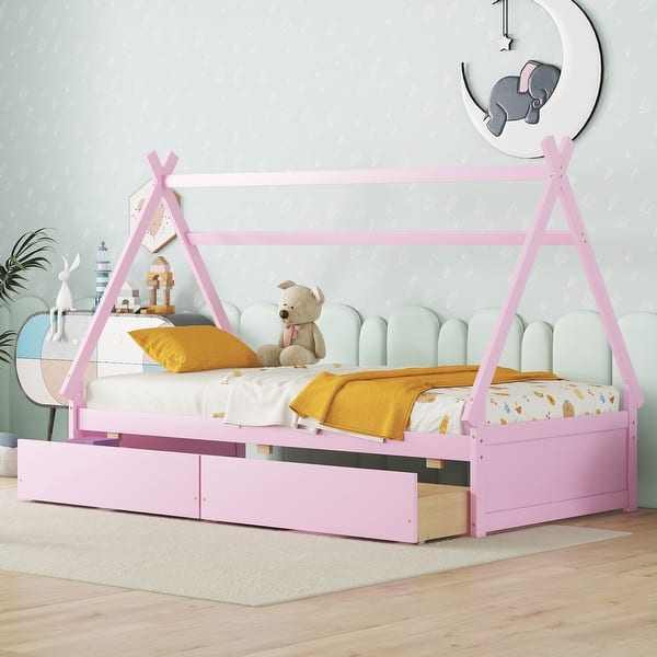 slide 2 of 9, Twin Size House-Shaped Platform Kids Bed Frame with Headboard, Footboard, and Two Storage Drawers, Easy to Assemble, Pink Pink
