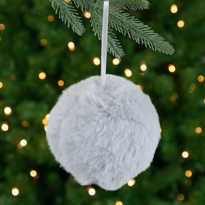 3" Light Gray Furry Plush Ball Hanging Christmas Ornament