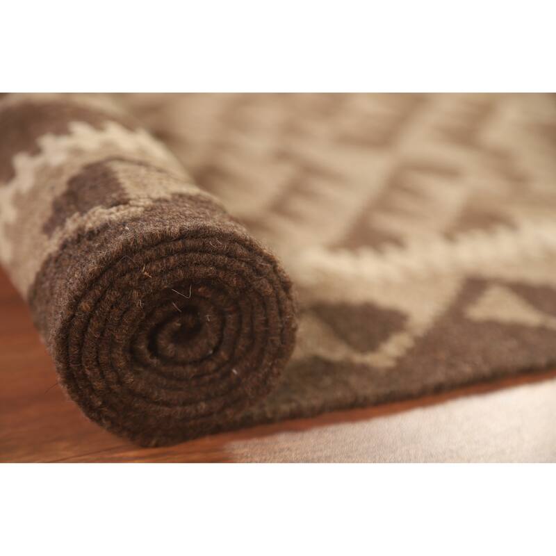 Brown Kilim Reversible Area Rug Hand-woven Wool Carpet - 6'5" x 9'5"