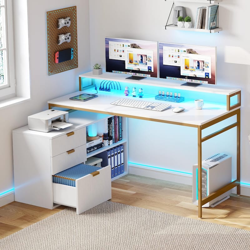 55 Inch L-shaped Gaming Desk with Power Outlets and LED Lights Computer Corner Desk with File Cabinet Monitor Stand