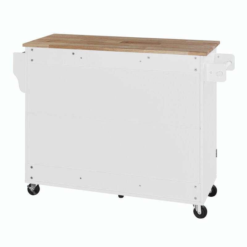 Rolling Kitchen Island with Rubber Wood Top, Drawers, Shelves, Internal Storage, Wheels, Spice & Towel Racks