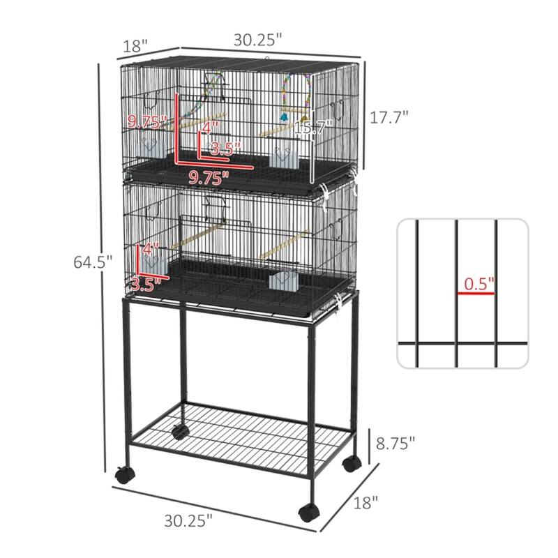 Deluxe Black Steel Bird Cage with Stand, Wheels & Accessories Ideal for Small Parrots - 30.25" L x 17.75" W x 64.5" H