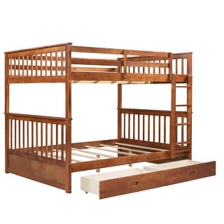 Full Over Full Wood Bunk Bed with Build-In Ladder,Storage Drawers Under-Bed