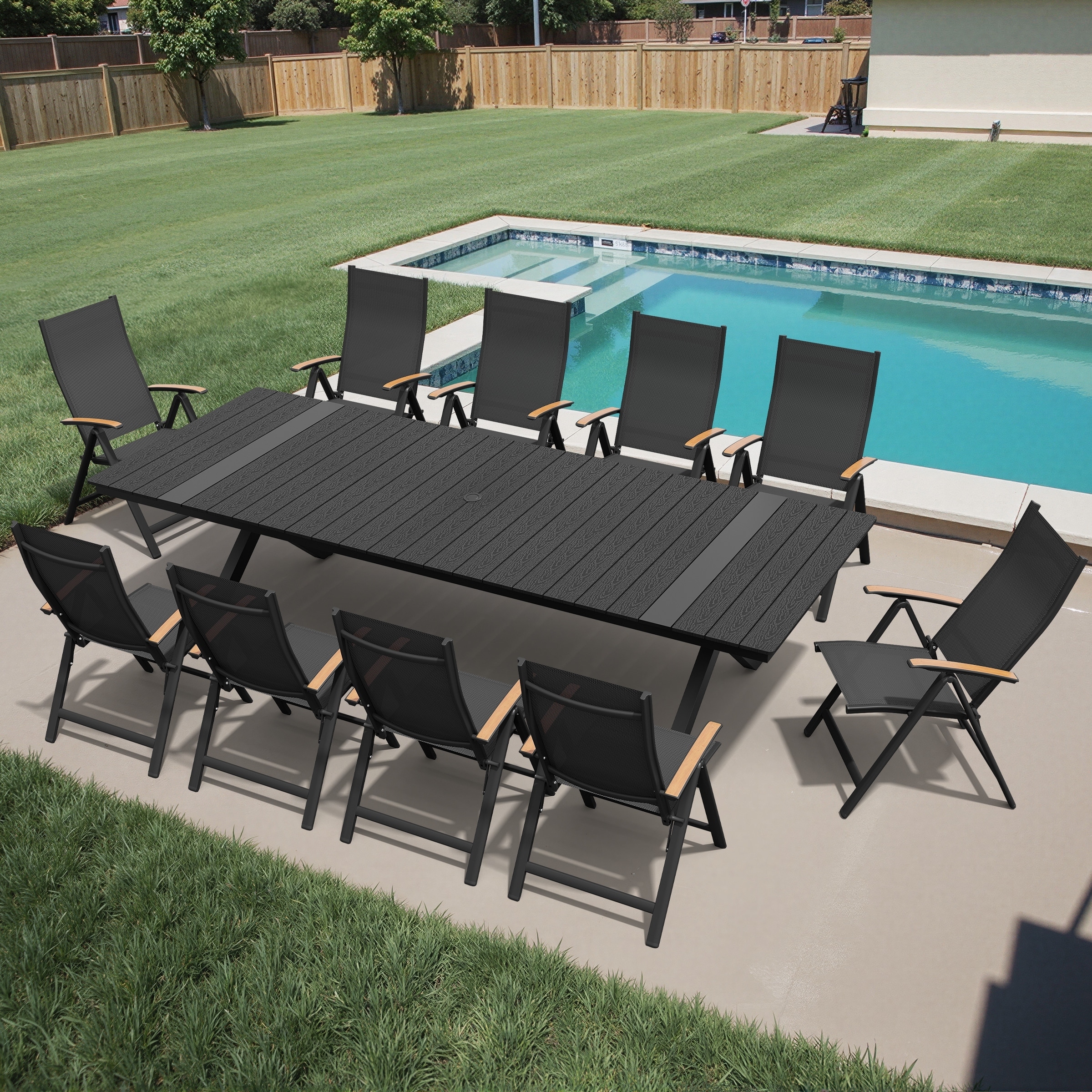 11-Piece Outdoor Patio Dining Set Aluminum Dining Table with Umbrella Hole and Foldable Chairs