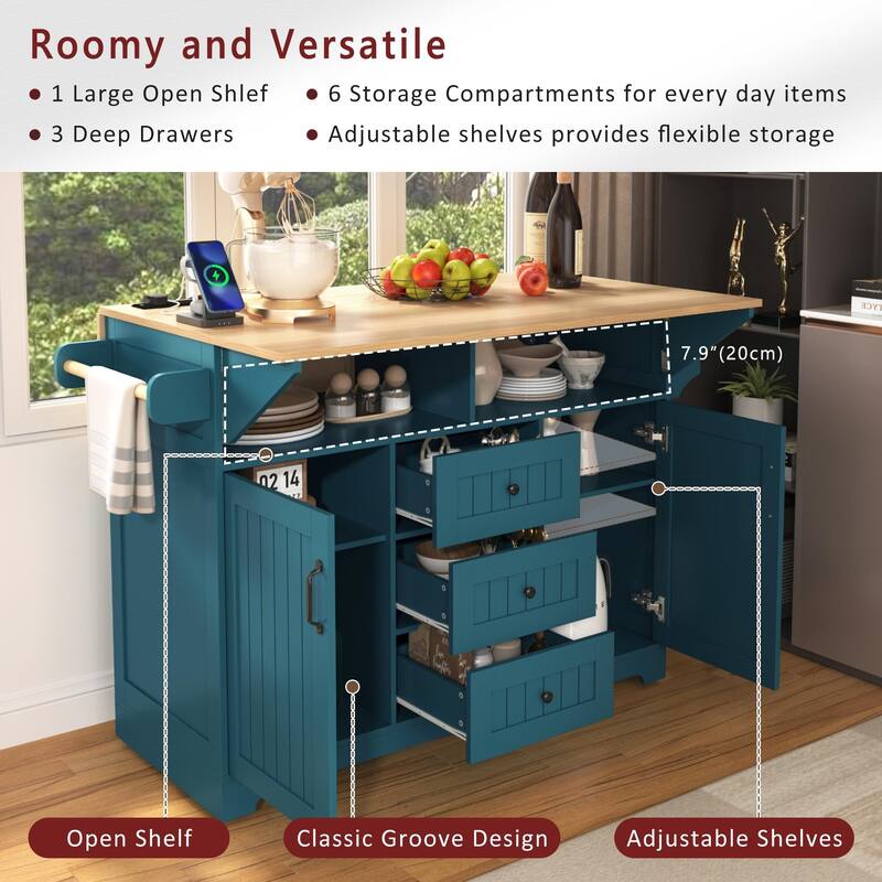 Rolling Kitchen Island with Dual Drop Leaves - Large Kitchen Storage Cart with Charging Statio