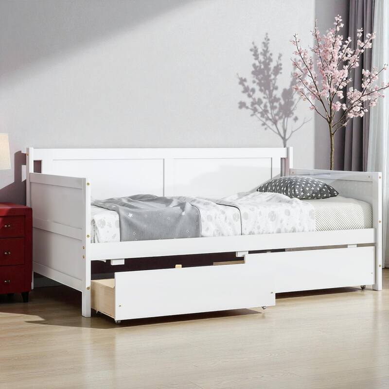 Twin Size Solid Pine Wood Daybed with Two Storage Drawers, Modern Sofa Bed Frame with Pull-Out Storage