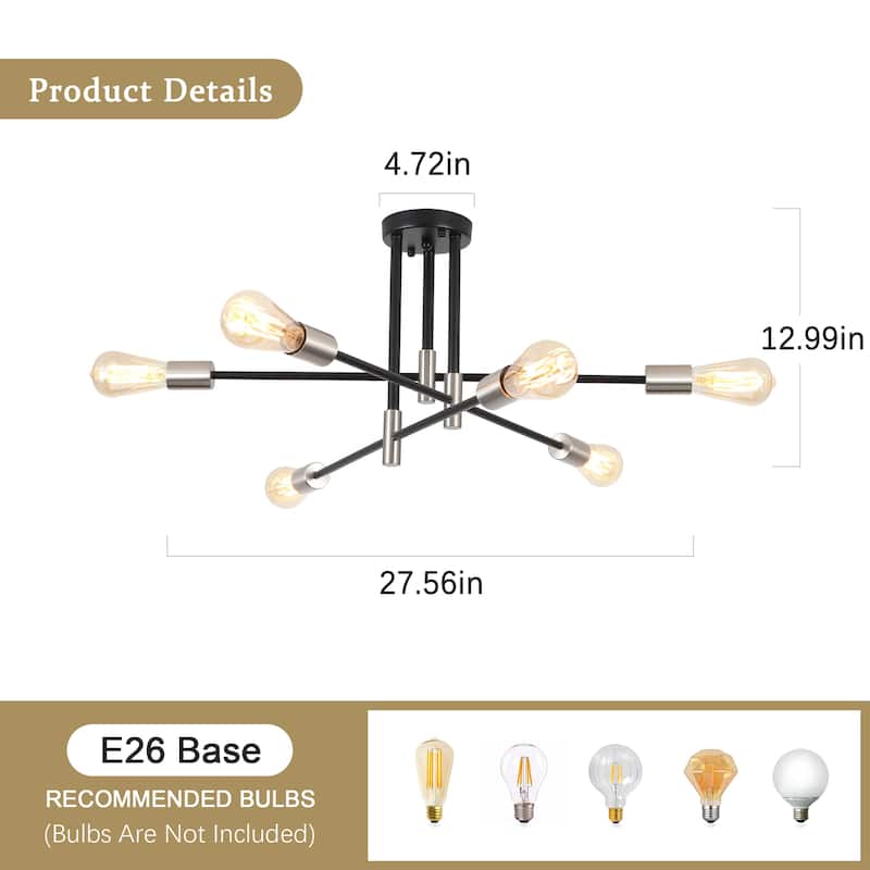 6-Light Modern Semi Flush Ceiling Lights for Bedroom Study Living Room