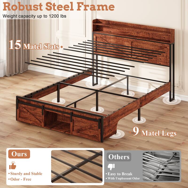 Queen/Full Bed Frame with Storage Headboard, Footboard Storage & LED Lights - Anti-Slip Noise-Free Metal Platform