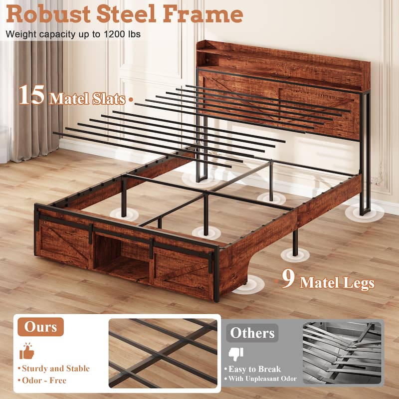 Queen-size Bed Frame with Storage Headboard, Footboard Storage Compartments and LED Lighting, Equipped with Anti-slip