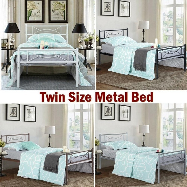 Twin size Metal Bed Frame Platform Bedroom Mattress Foundation w//Headboard 6 Leg