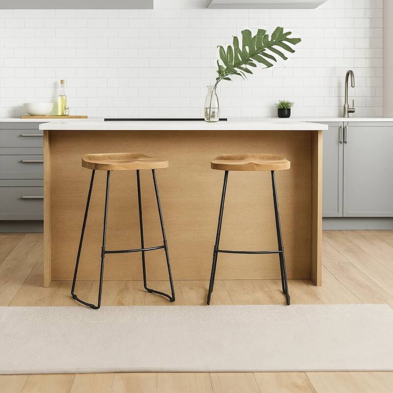 Tiva 30 Inch Handcrafted Backless Barstool, Natural Brown Mango Wood Saddle Seat, Black Metal Base