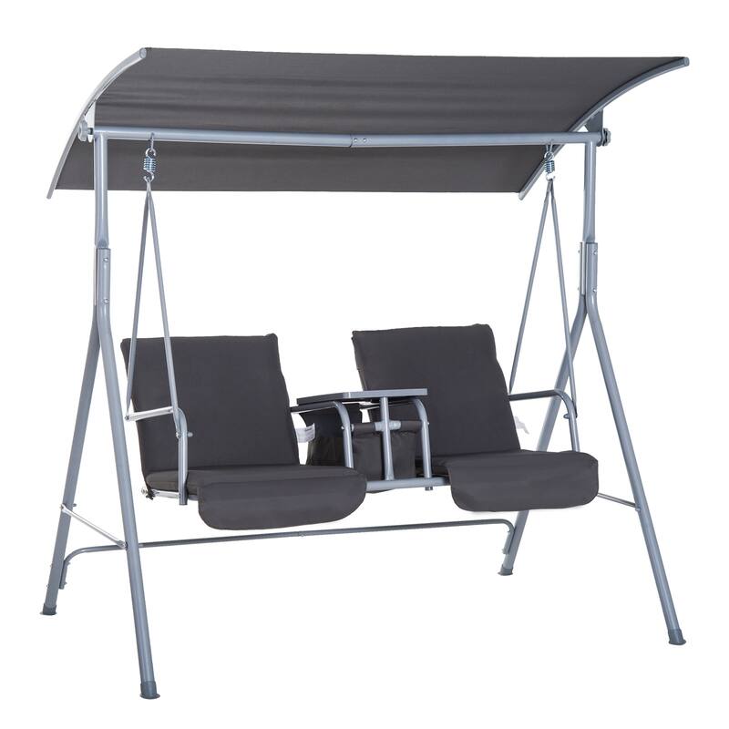 Steel 2-Person Porch Swing with Stand and Canopy - Outdoor Patio Swing with Storage Table and Cup Holders