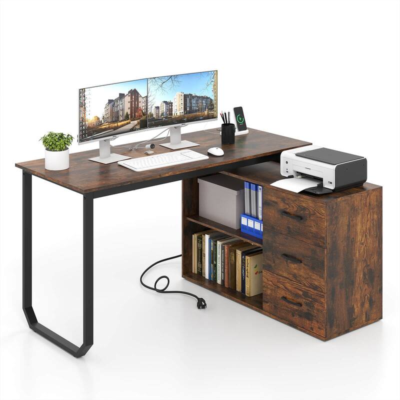 Costway L-Shaped Desk with Power Outlet 55" Reversible Computer Desk - Rustic Brown & Black