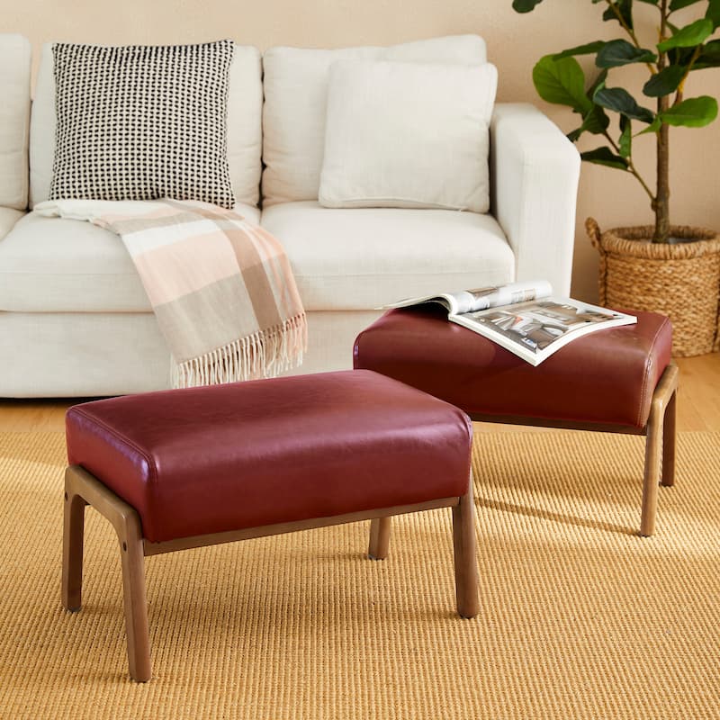 Glitzhome Set of 2 Mid-century Leatherette Ottoman Accent Stools - Burgundy